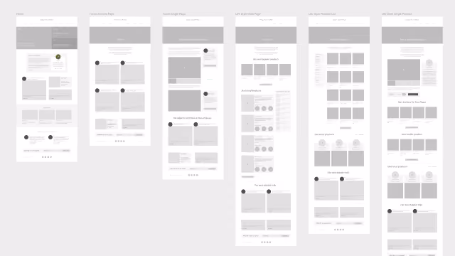Six minimalist web page wireframe layouts with placeholders for images, text, and navigation elements.