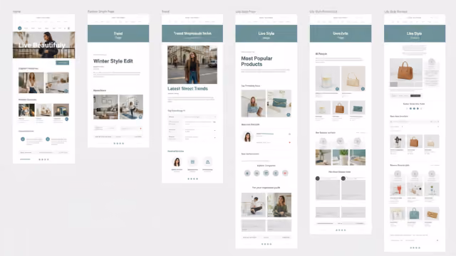Six webpage mockups showing fashion site designs with product listings, style edits, and lifestyle images.