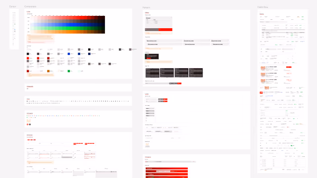 Overview of a design system showing color palettes, UI components, forms, and style guides in a grid layout.