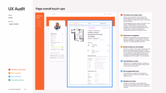UX audit page layout with color-coded feedback on touch-up issues including colors, navigation, icons, and margins.