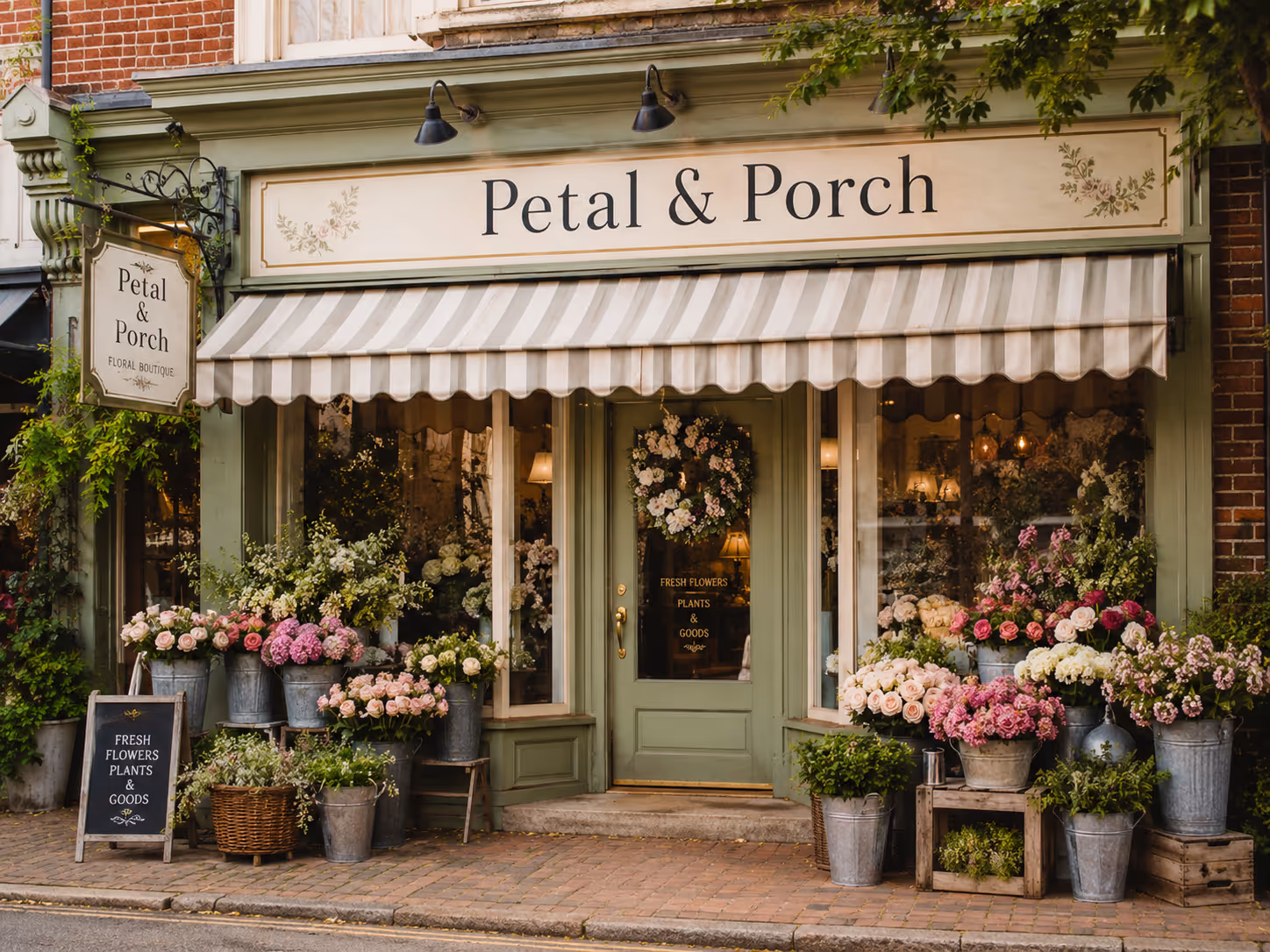 Flower shop Petal & Porch with a green striped awning and many fresh flowers in metal buckets outside.