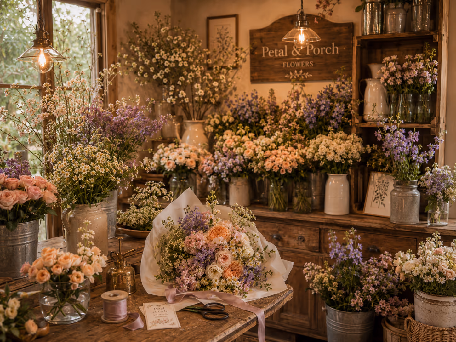 Cozy flower shop interior with assorted fresh blooms, wooden furniture, and a wrapped bouquet on a table.