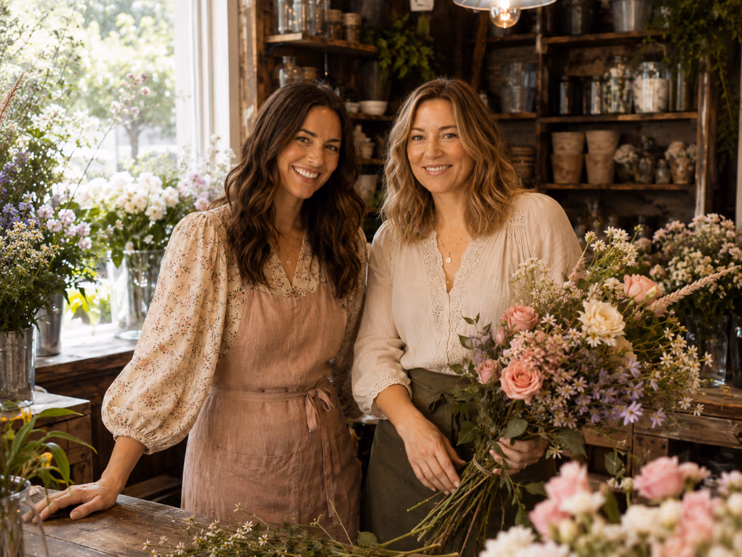 Two women (owners) smiling in a flower shop, one holding a bouquet of pink, purple, and white flowers.