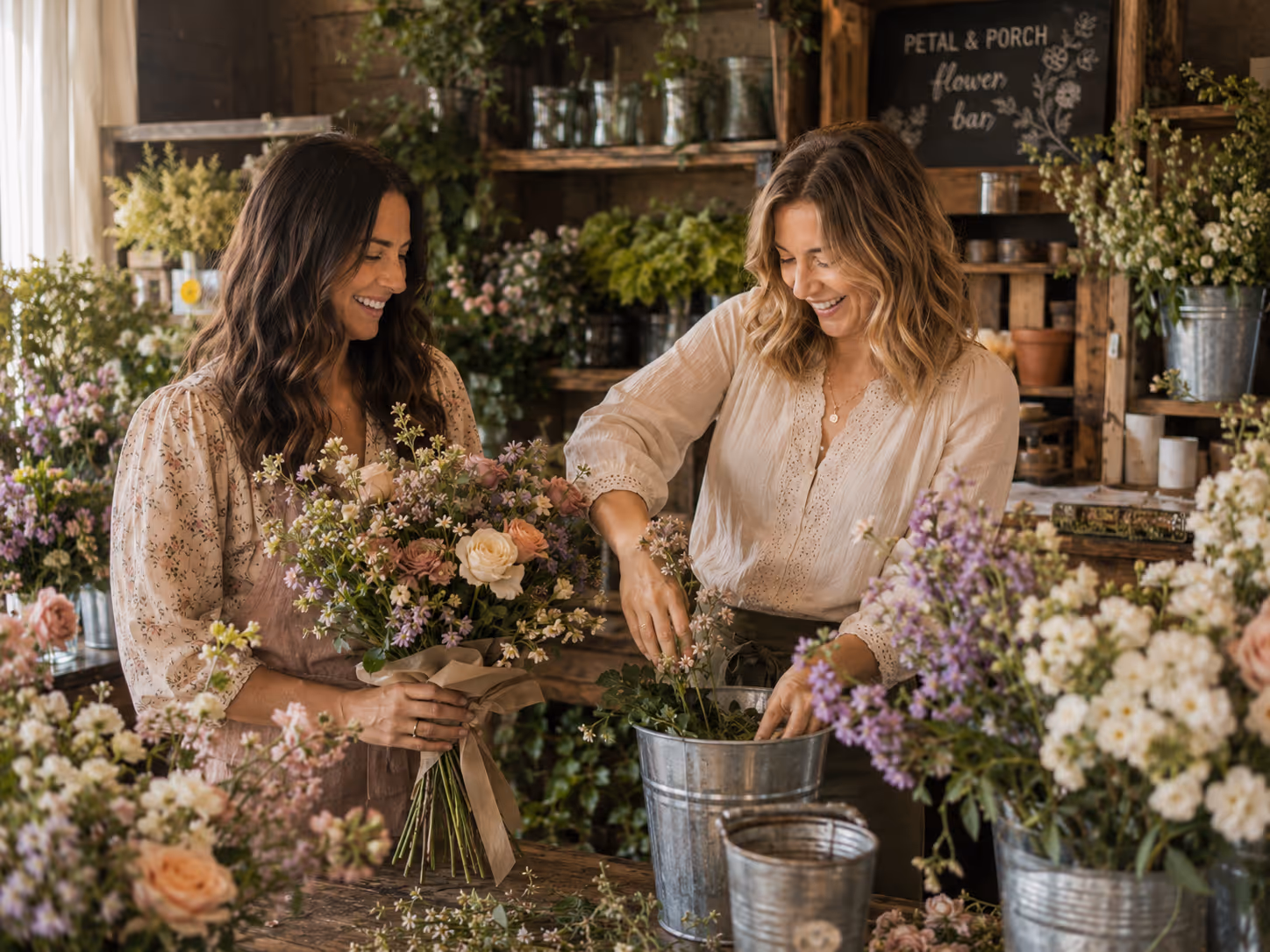Two women (owners) arranging flowers at a rustic flower shop with many bouquets and metal buckets.