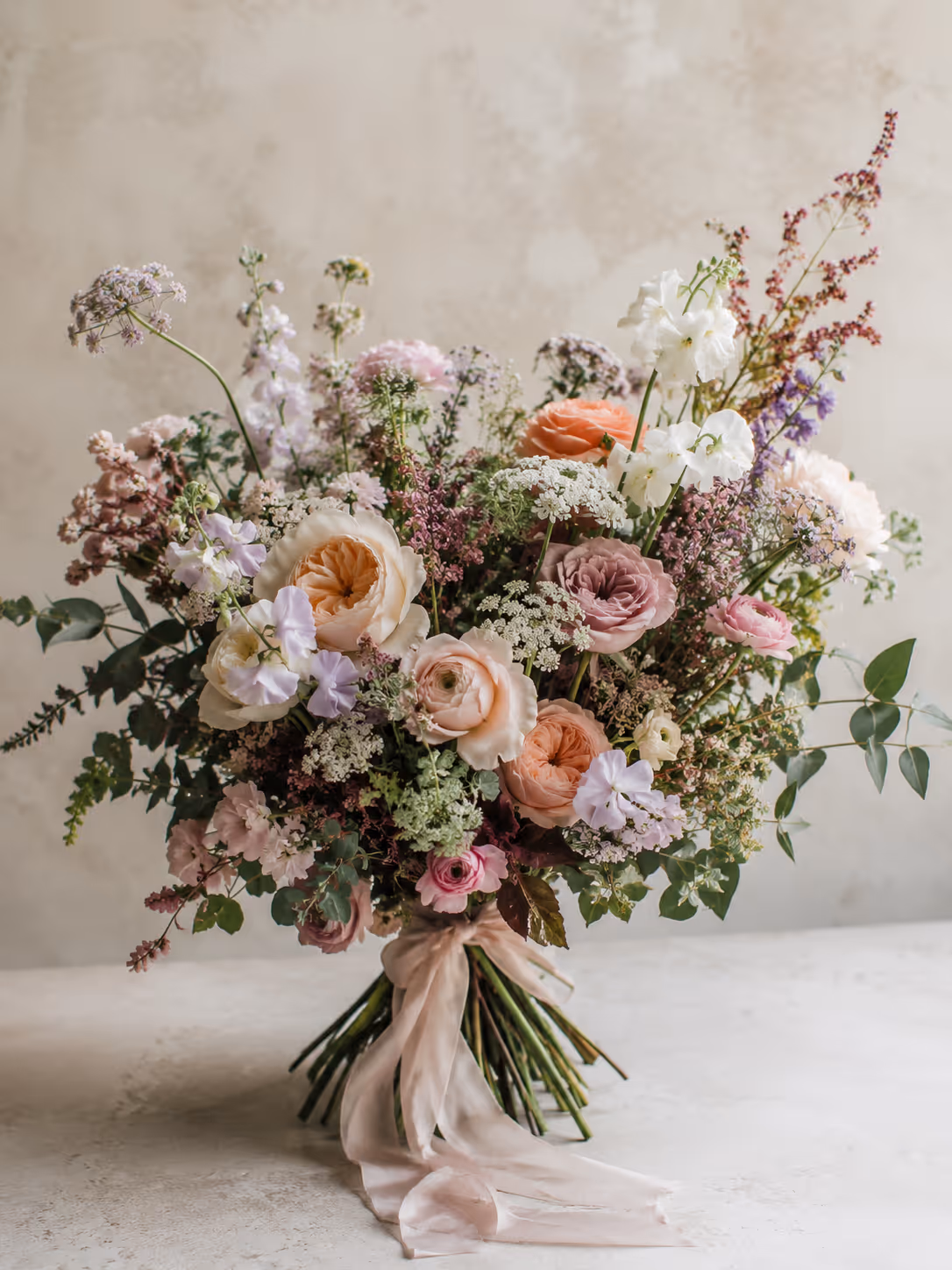Bouquet of mixed pastel flowers with greenery tied with a flowing pale pink ribbon.