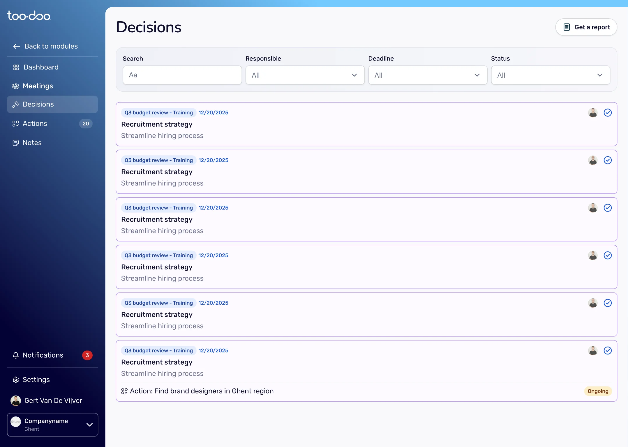 too-doo decisions overview: all decisions from all meetings, with owner, deadline and status