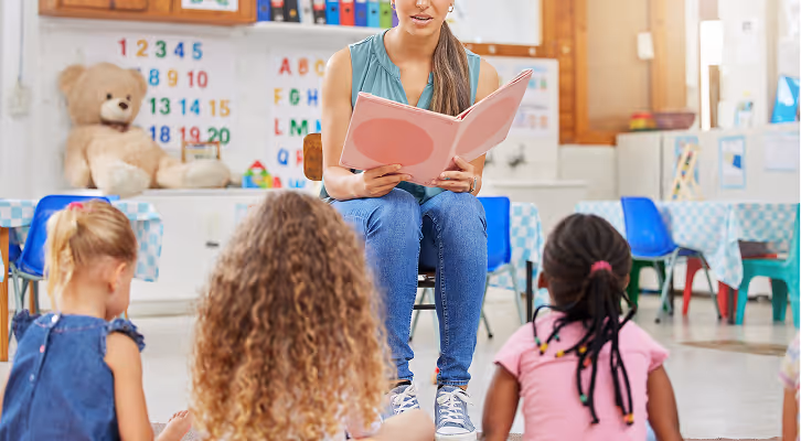 Une enseignante lit un livre à trois jeunes enfants assis au sol dans une salle de classe colorée.