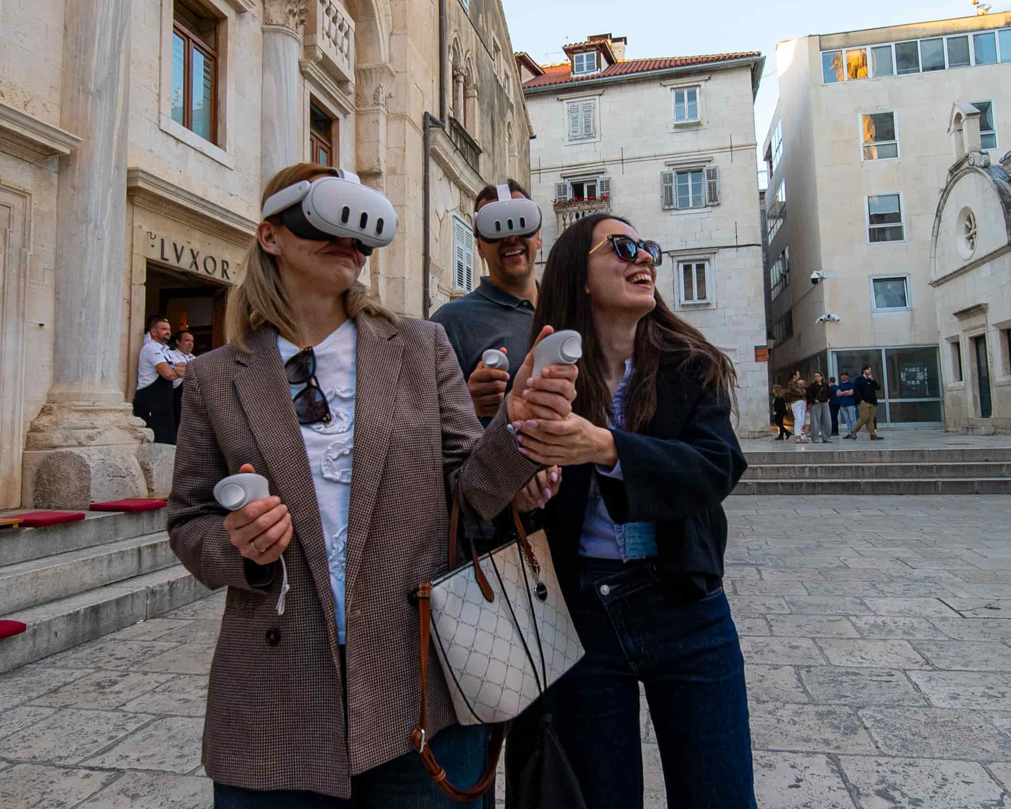 Tourist wearing Meta Quest 3 headset on VR walking tour Split Croatia