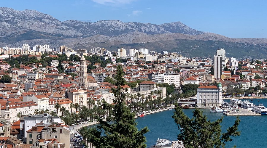 Aerial view of Split Croatia with Diocletian's Palace cathedral bell tower and Riva waterfront