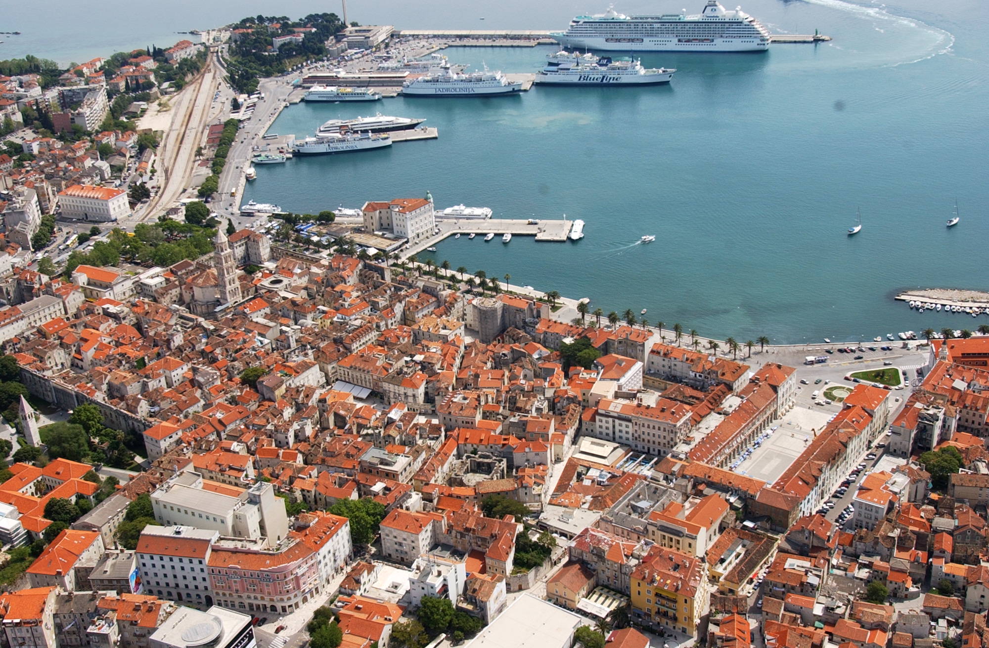 Cruise stop in Split Croatia — cruise ship docked at Gradska Luka with Diocletian's Palace and old town in view