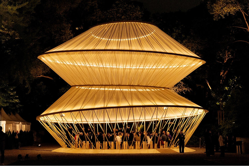 Night view - The Garden Pavilion - A deconstructed yurt, created by Kulapat Yantrasast, commissioned by ACDF - MDW 2026 - Image Credit ACDF
