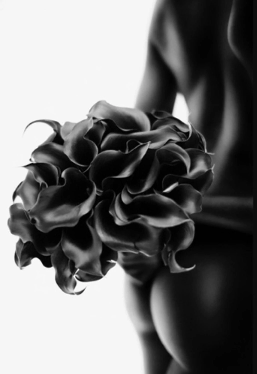 Black and white photo of a nude person holding a bouquet of dark calla lilies behind their back.