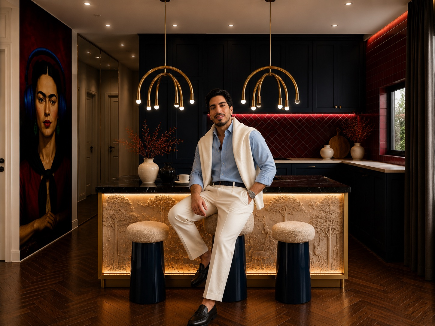Ahmad Albeik  in smart casual wear sitting on a bar stool in a modern kitchen with dark cabinets and warm lighting.