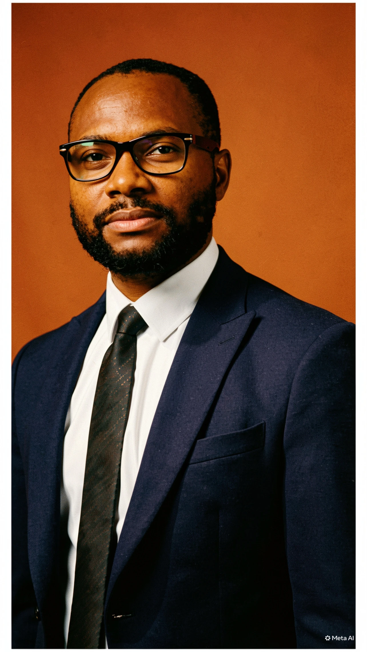 Stepane H Ahidjo with a beard and glasses wearing a navy suit, white shirt, and dark tie against brown background.