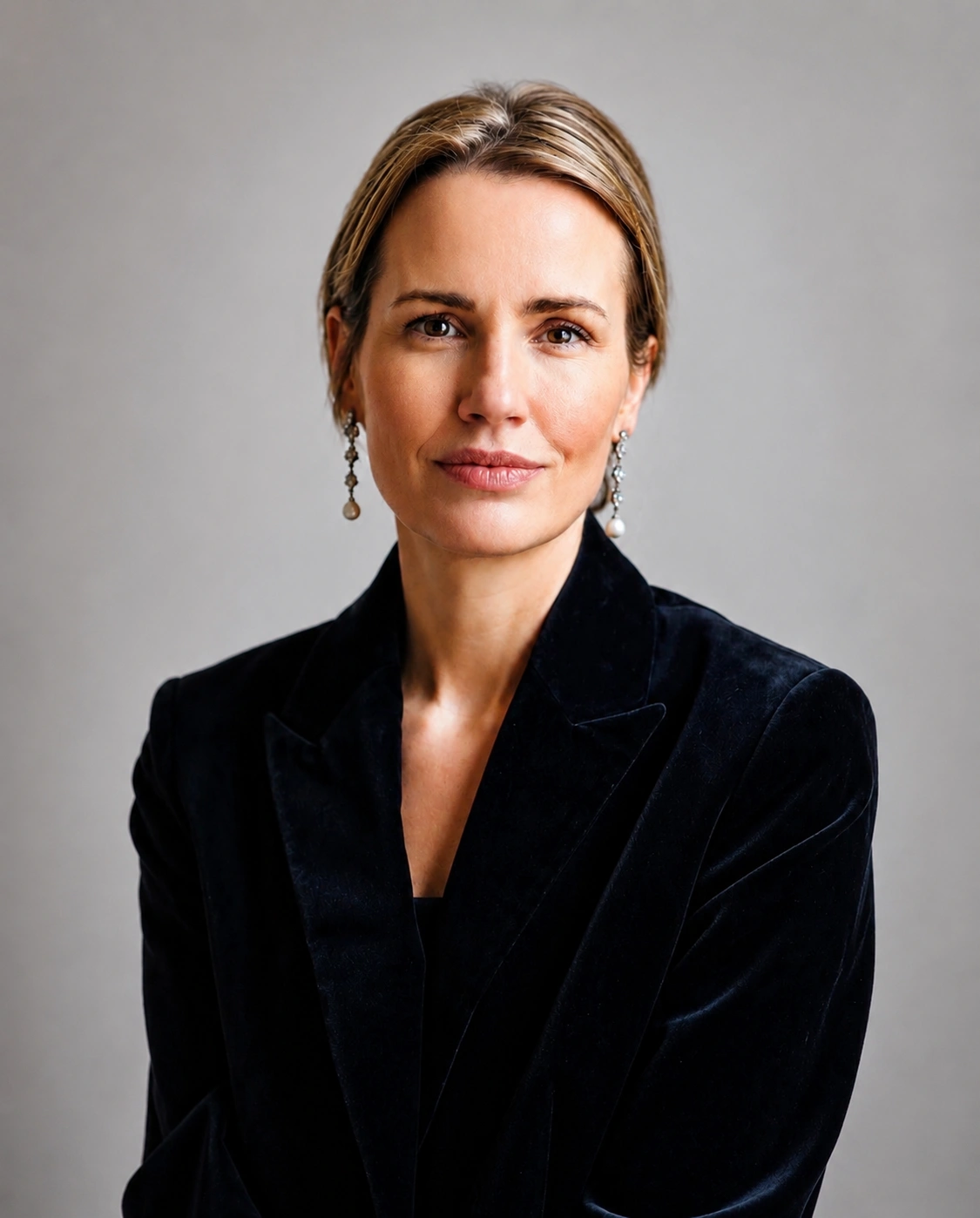 Portrait of a woman with light brown hair tied back, wearing a black velvet blazer and dangling pearl earrings, against a plain grey background.