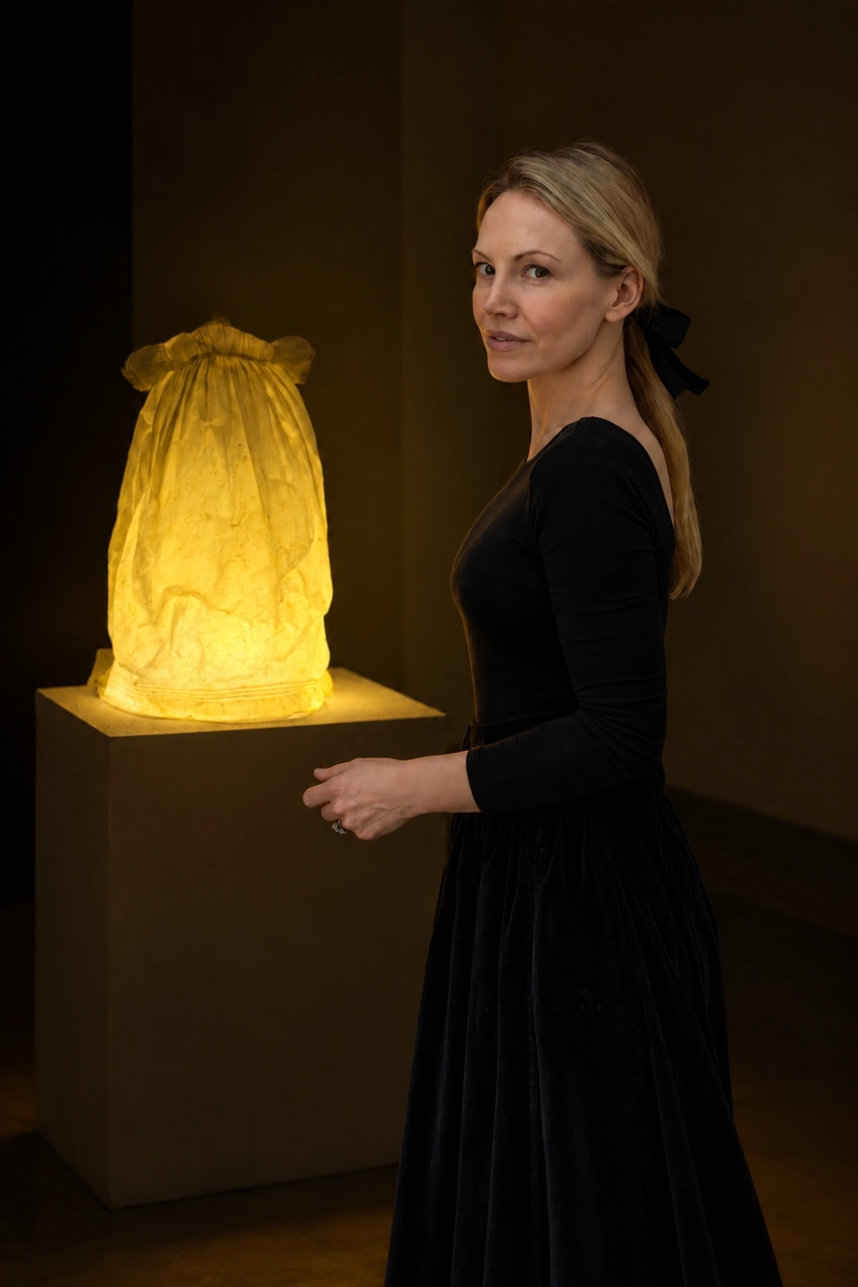 Woman with blonde hair tied back with a black ribbon, wearing a long-sleeved black dress, standing in profile beside a glowing yellow sculpture on a pedestal in a dimly lit room.