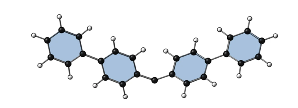 Calculated 3D structure of the carbene molecular qubit, two linked ring groups with a central carbon atom carrying the spin.