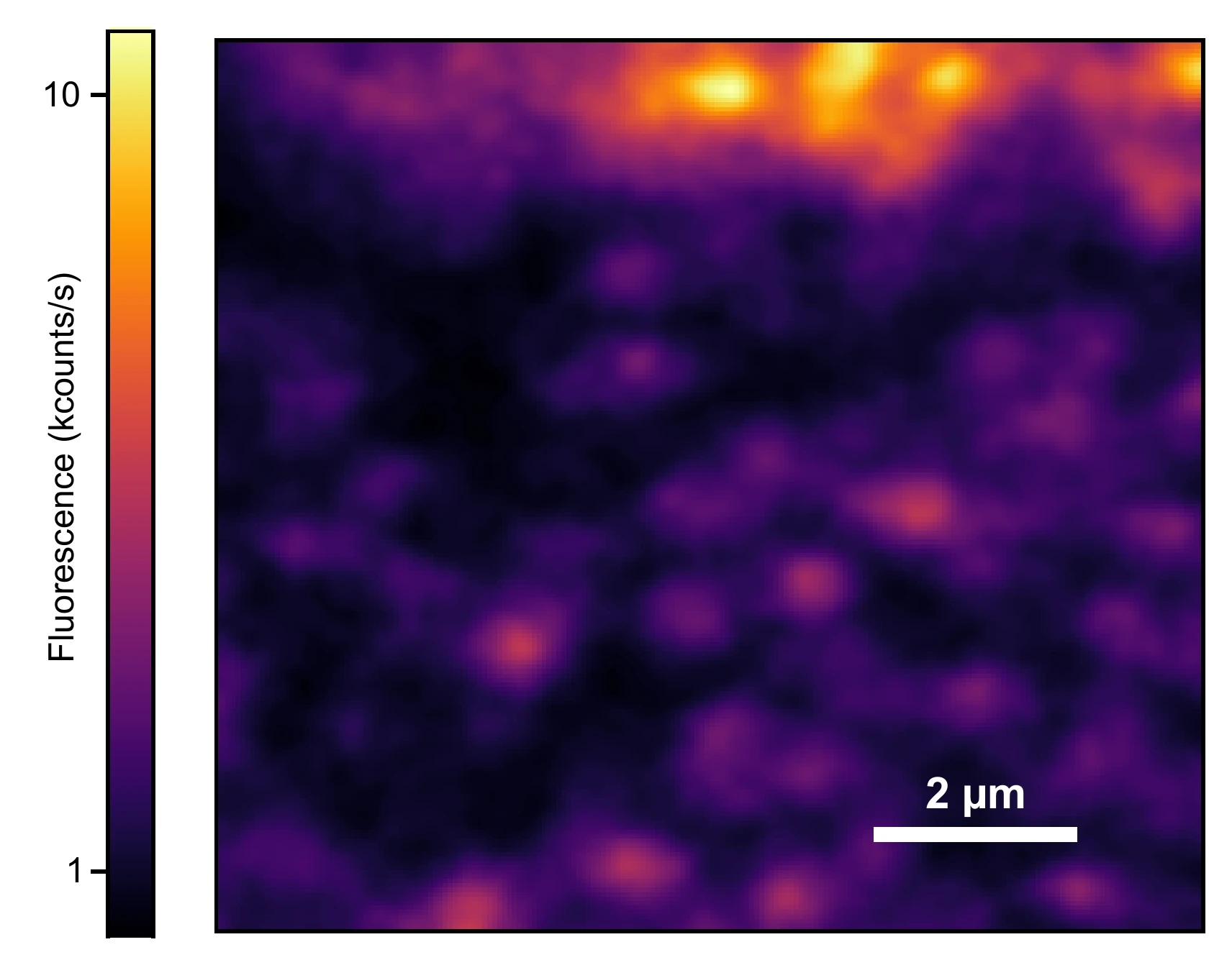 Alt text: Microscope image of a crystal showing scattered bright spots, each one light from an individual molecule.