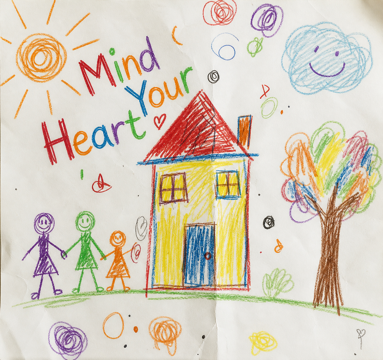 Child's colorful drawing of a house with a red roof, three people holding hands, a multicolored tree, a smiling sun, and a smiling cloud.