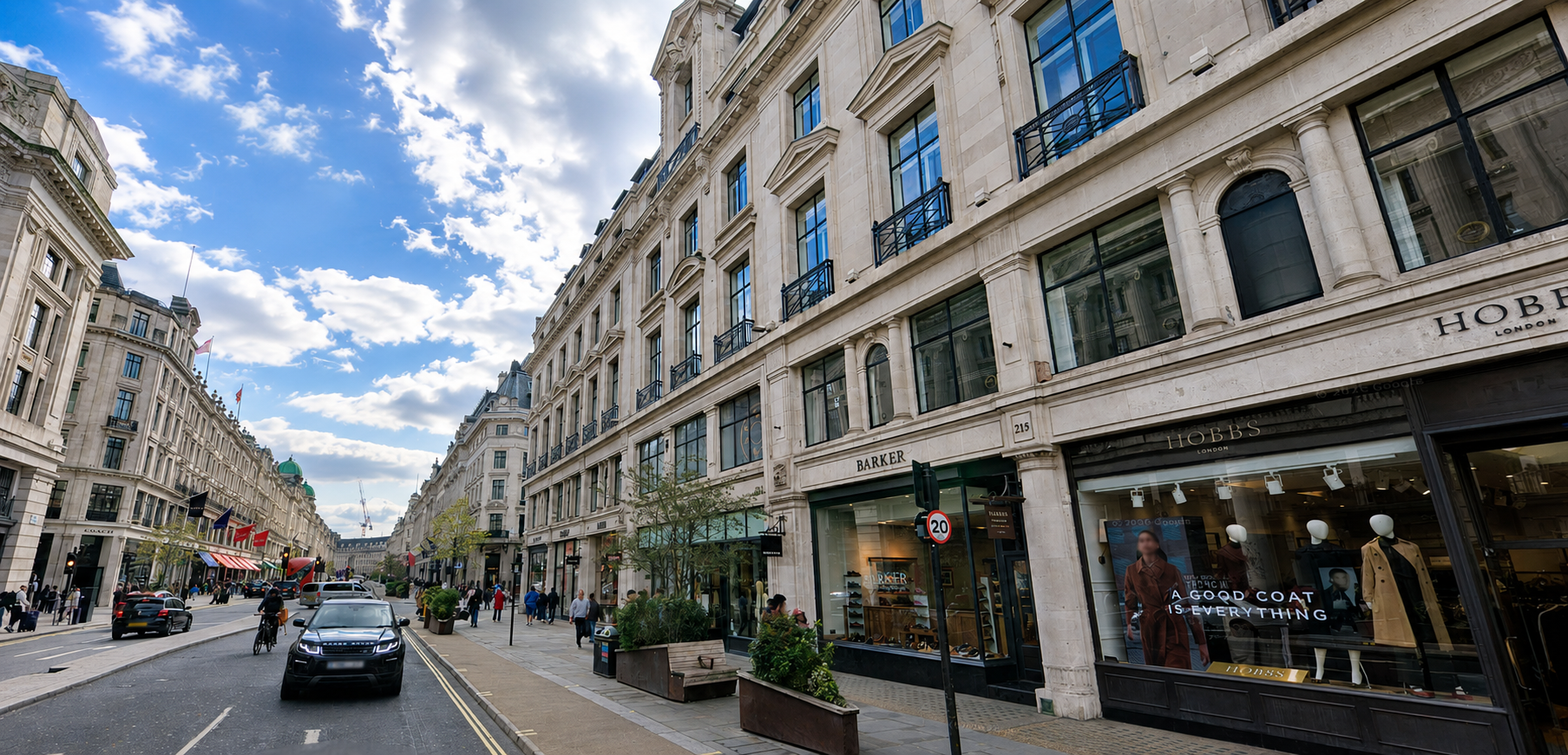 Regent Street, London — the stone terraces and shopfronts along the block housing the practice's 207 Regent Street studio