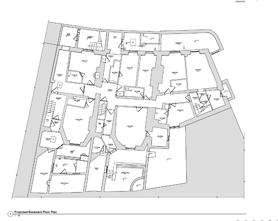 Proposed basement floor plan showing the platform lift and access route