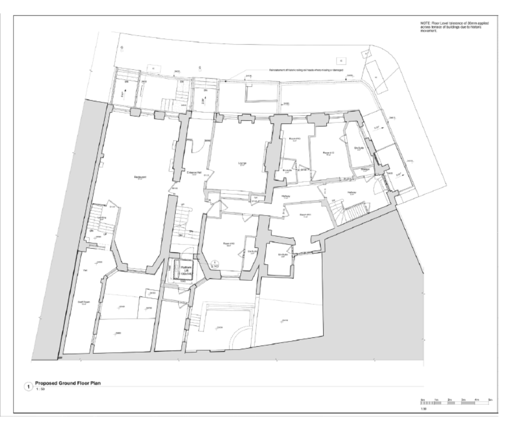 Proposed ground floor plan showing hotel layout and lift coordination