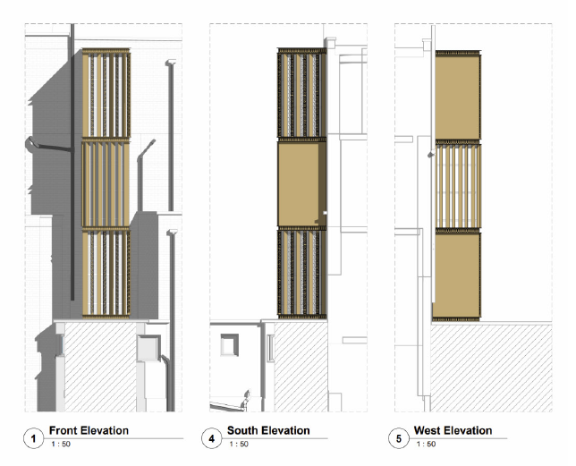 Front, south and west elevations of the lift