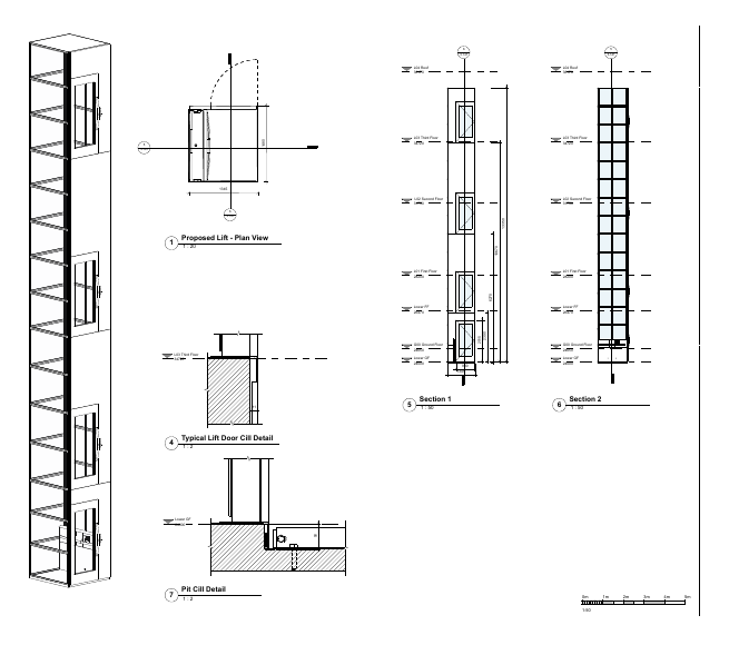 Technical sections and junction details for the lift enclosure