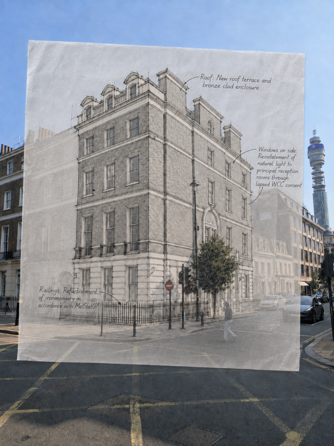 Design sketch for a listed diplomatic building restoration at Portland Place, Westminster