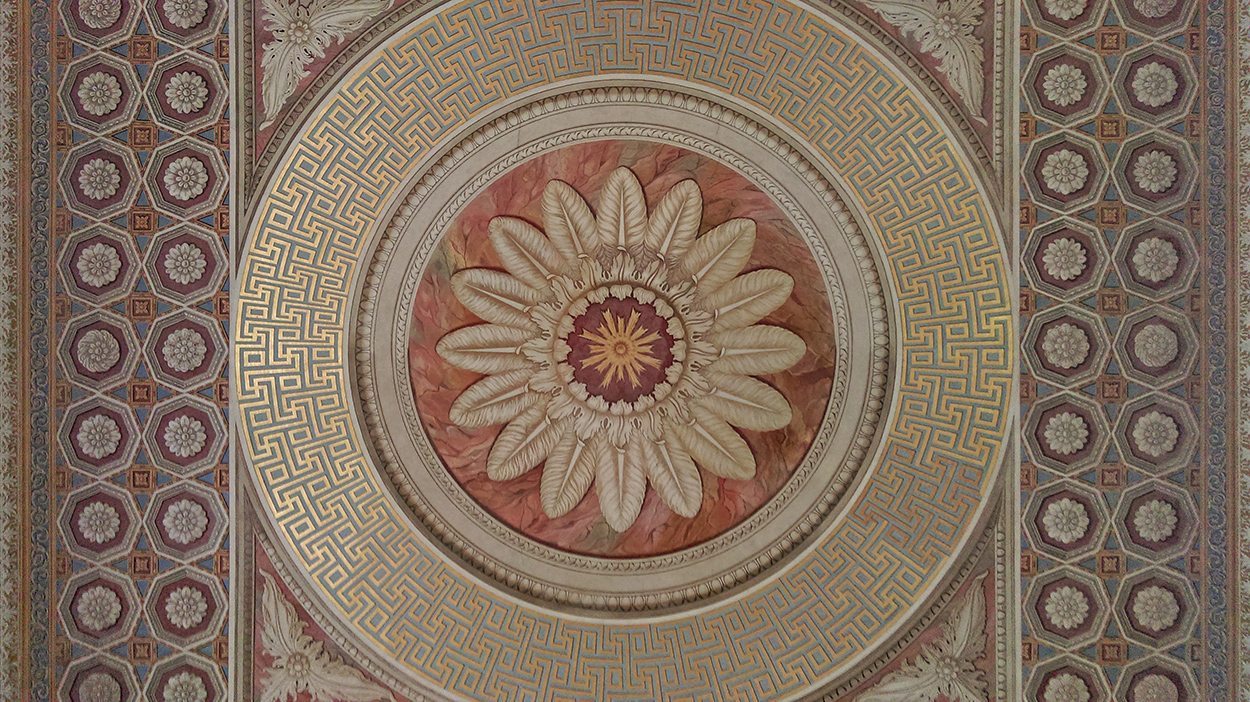 The painted and coffered nave ceiling at St Lawrence Church