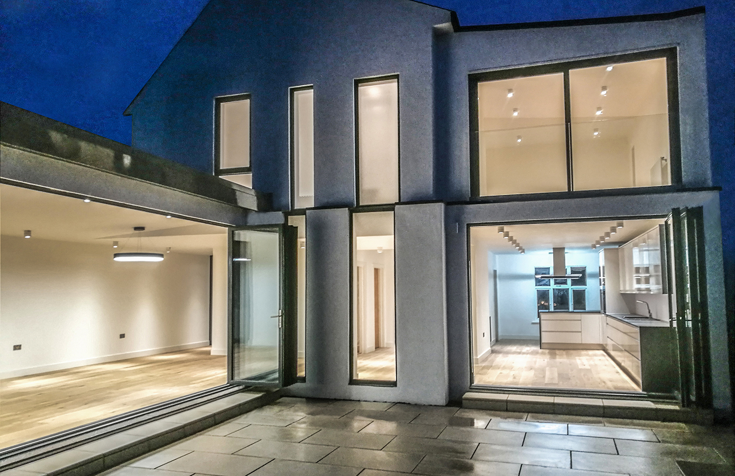 Completed rear extension at Hamilton Road, High Wycombe, photographed at twilight