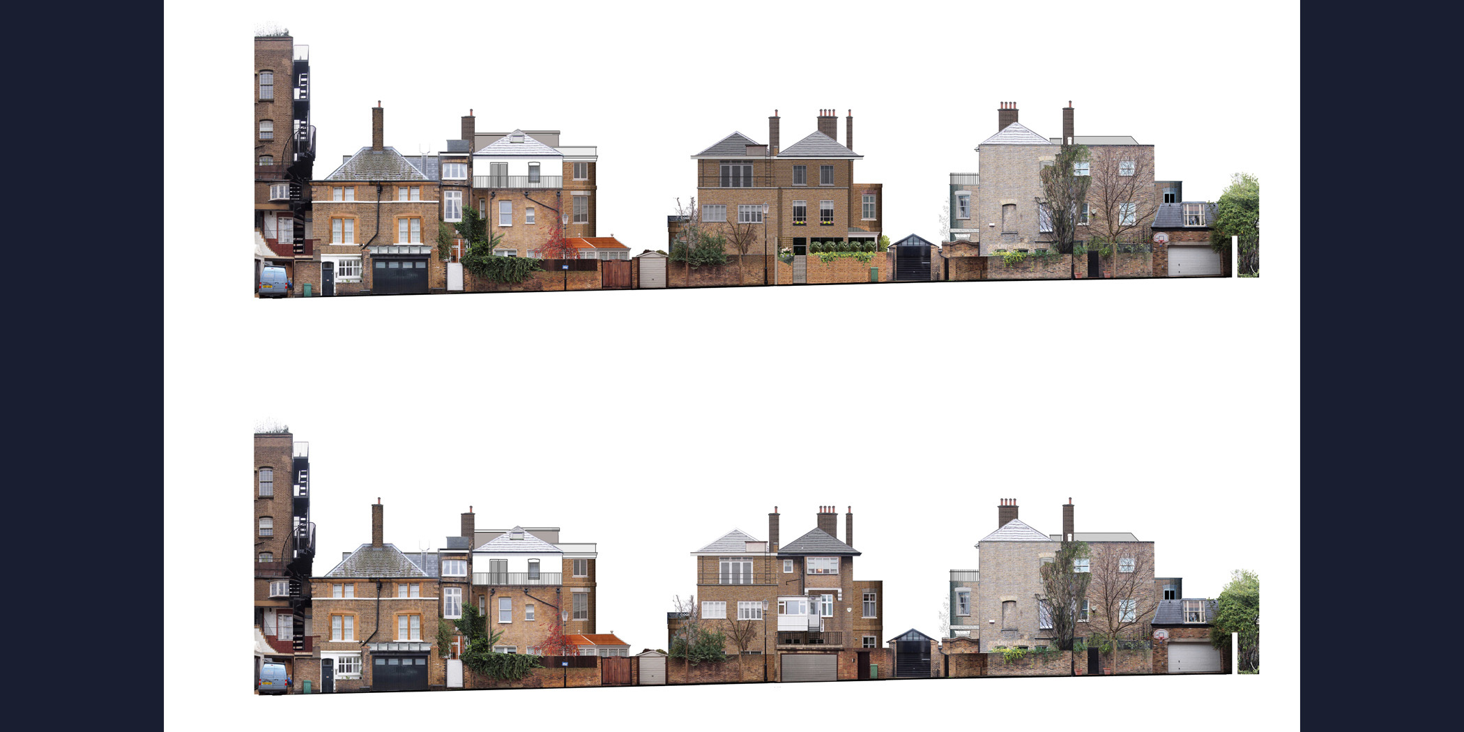 Existing and proposed street elevation of the terrace at 115 Ladbroke Road, showing the new boundary wall and gate
