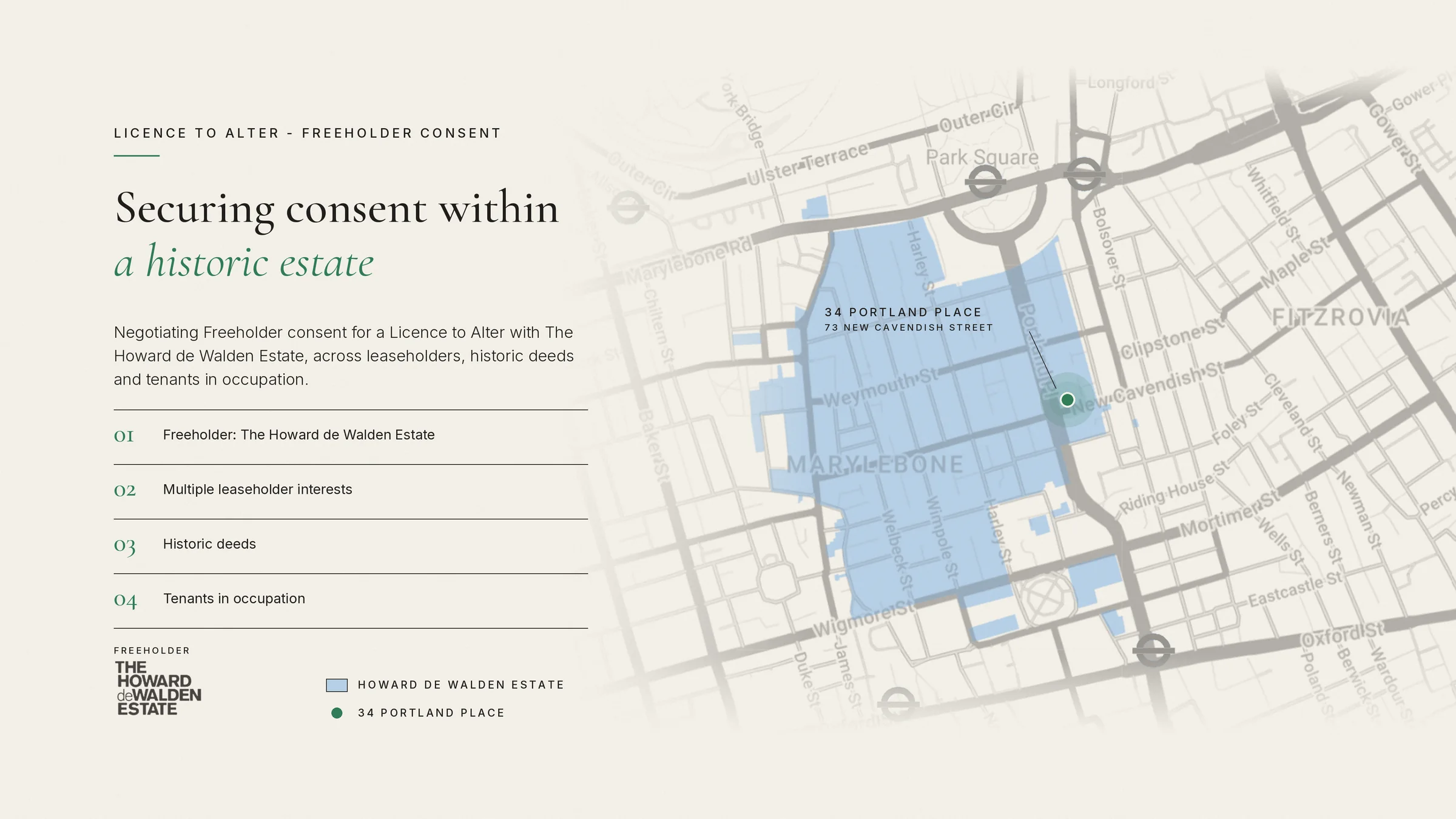 Map of The Howard de Walden Estate in Marylebone locating 34 Portland Place for the Licence to Alter