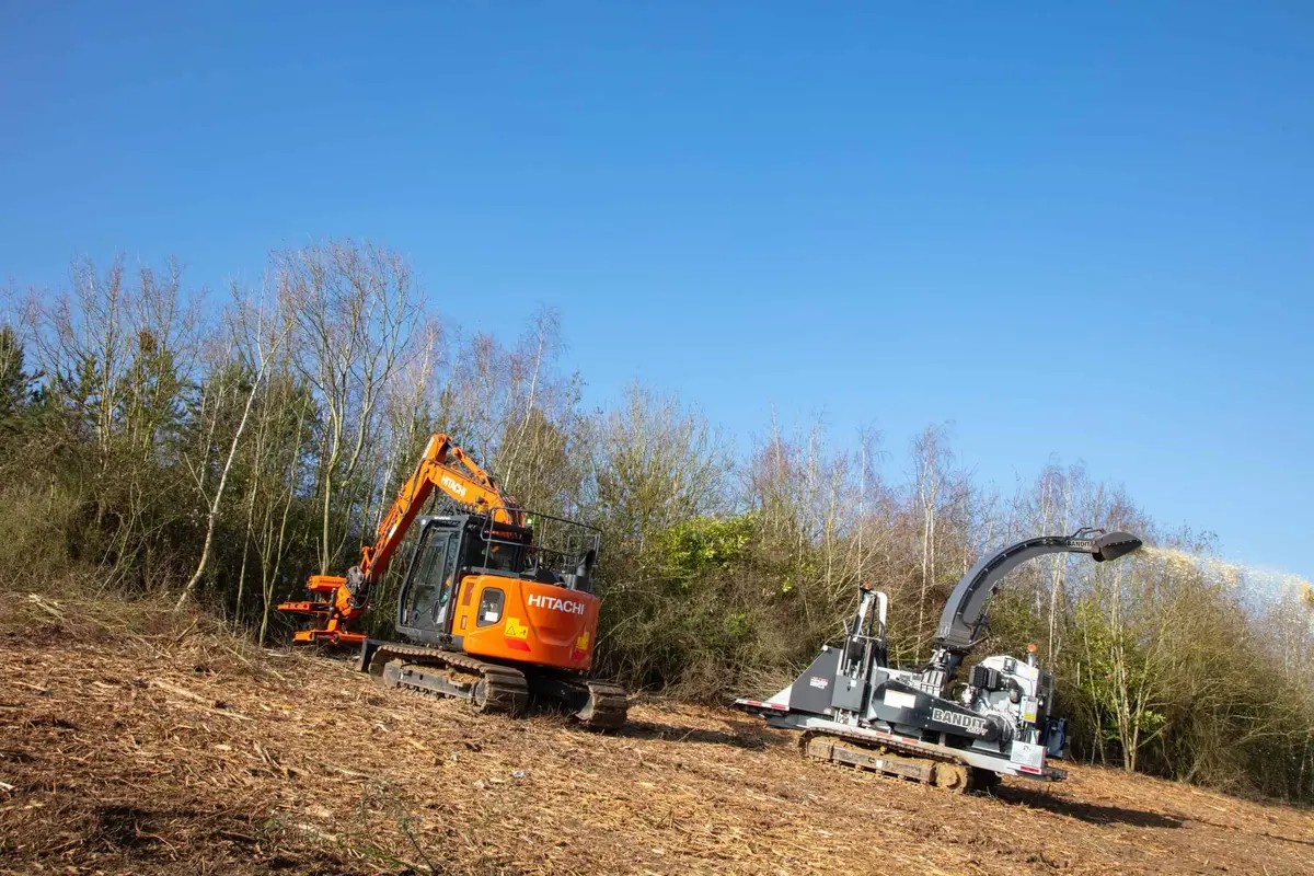 Tracked excavator and Bandit whole tree chipper mulching cleared vegetation at the Chesham site