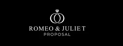 Logo Romeo & Juliet Proposal con due anelli intrecciati e un diamante sopra.