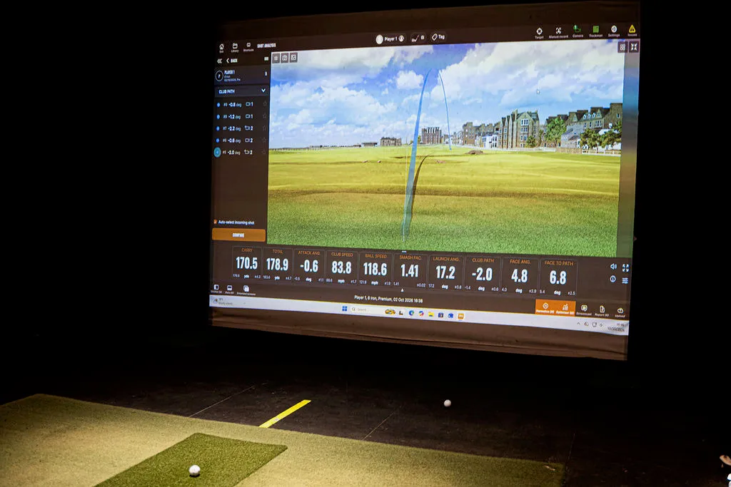 TrackMan simulator shot analysis screen at Evolution Golf Academy near Derby