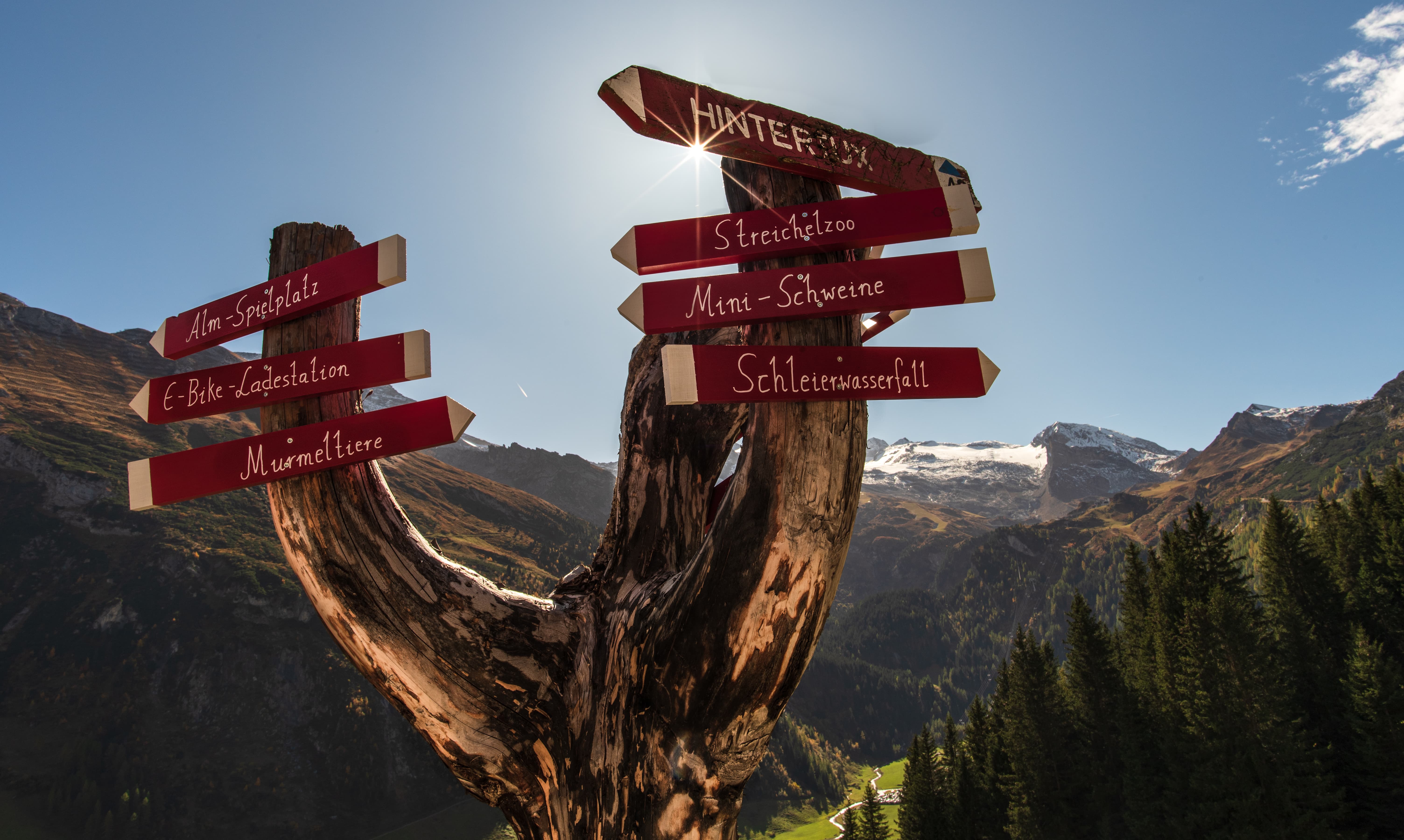 Wegweiser aus Holz mit roten Schildern vor Berglandschaft und blauem Himmel.