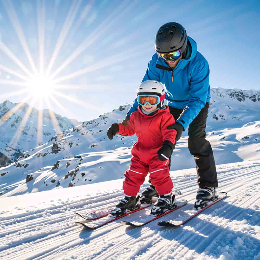 Vuxen och barn på skidor i solen