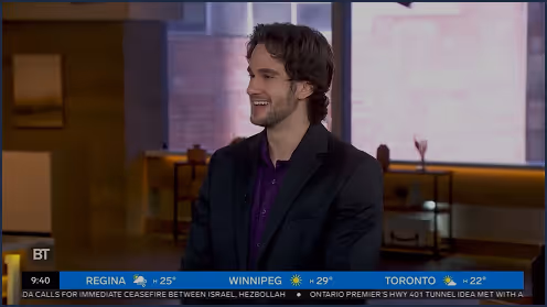 Male news anchor smiling during a morning broadcast with weather information for Regina, Winnipeg, and Toronto displayed at the bottom.