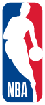 NBA logo featuring a white silhouette of a basketball player dribbling between blue and red backgrounds.