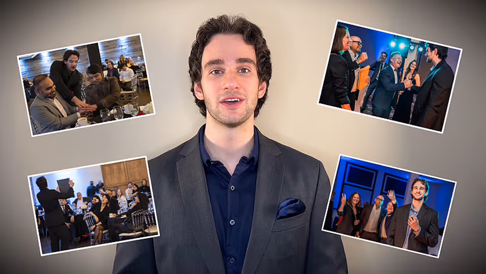 A man in a dark suit speaking in front of four smaller photos showing business and social event scenes with people engaging and applauding.
