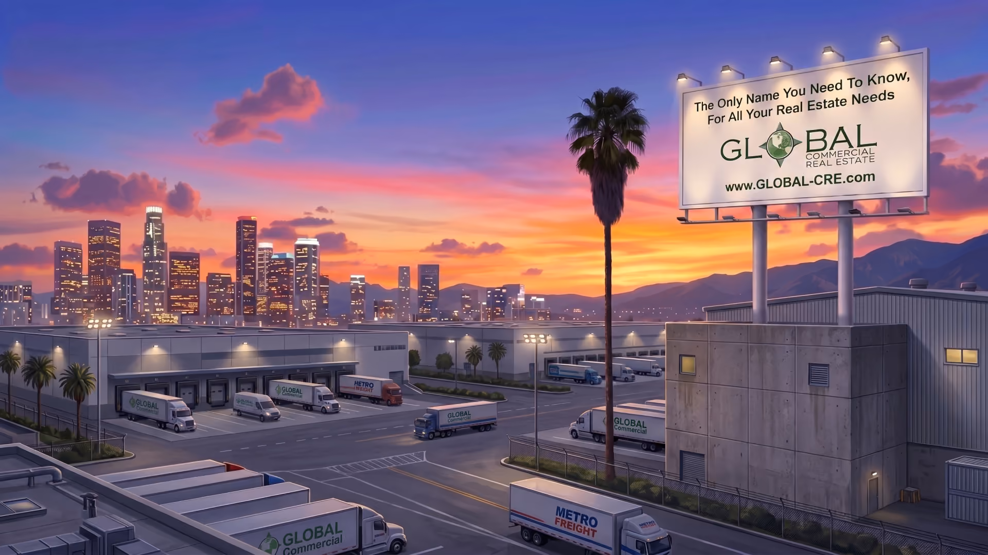 Industrial building at sunset with a Global Commercial Real Estate billboard