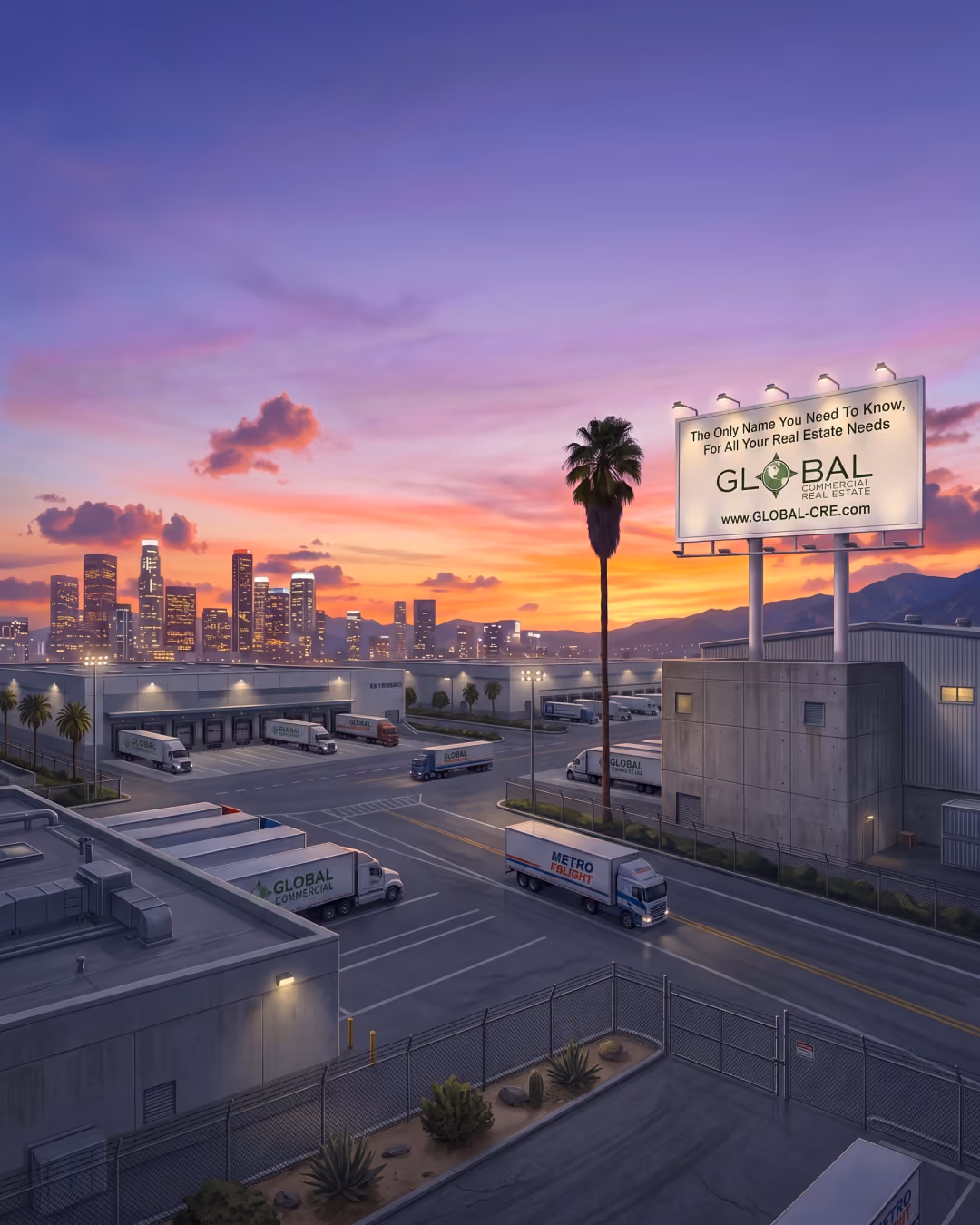Industrial building at sunset with a Global Commercial Real Estate billboard