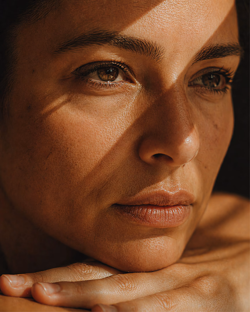 Close-up portrait of a woman with dramatic shadow and soft directional lighting.