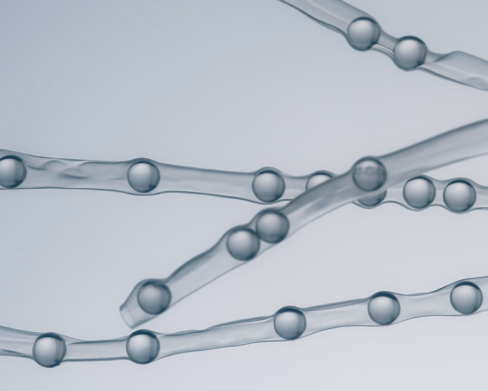 Transparent flexible tubes with evenly spaced spherical beads inside on a light background.