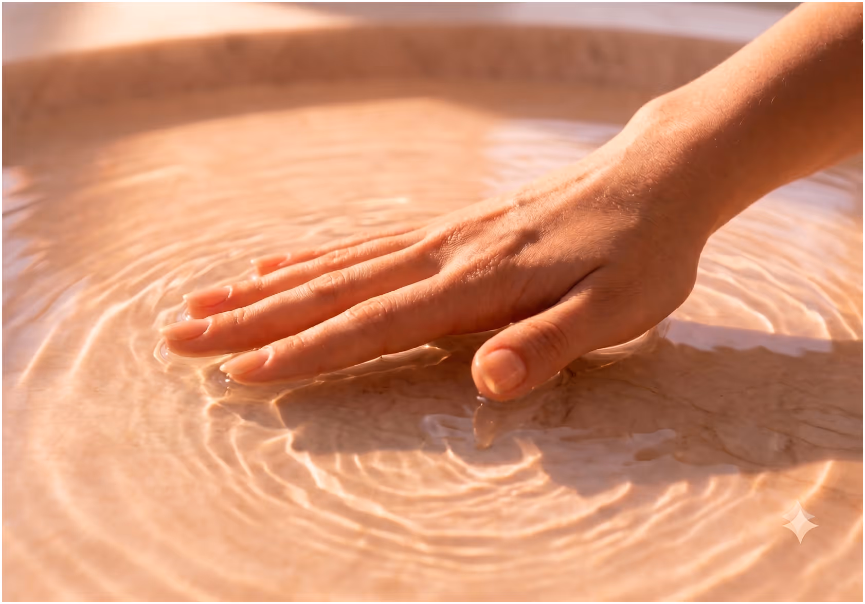 Hand gently touching water surface creating soft ripples in warm light.