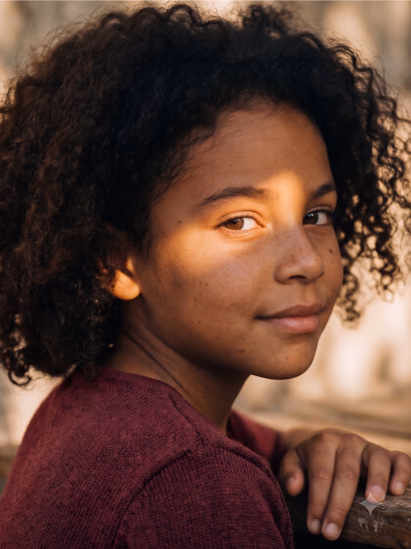 Young girl with curly hair and freckles wearing a maroon sweater, resting her hand on a wooden surface.