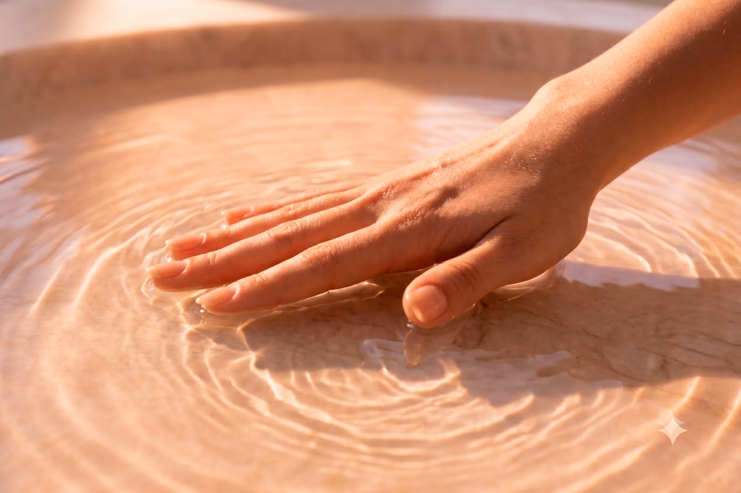 Close-up of a hand touching a smooth reflective surface with warm lighting.