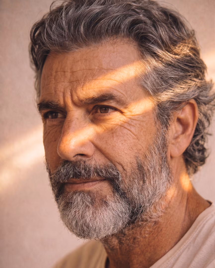 Close-up of a mature man with gray hair and beard looking to the side with soft natural light on his face.