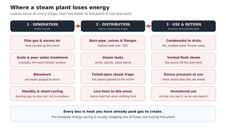 Title: Diagram mapping steam energy losses in an industrial plant across generation, distribution and point of use, used to target industrial energy solutions. - Description: Diagram mapping steam energy losses in an industrial plant across generation, distribution and point of use, used to target industrial energy solutions.